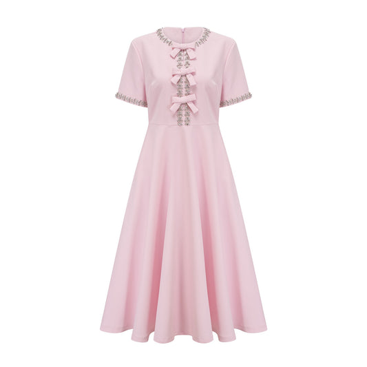 Cassiopeia crystal-accented pink bow midi dress