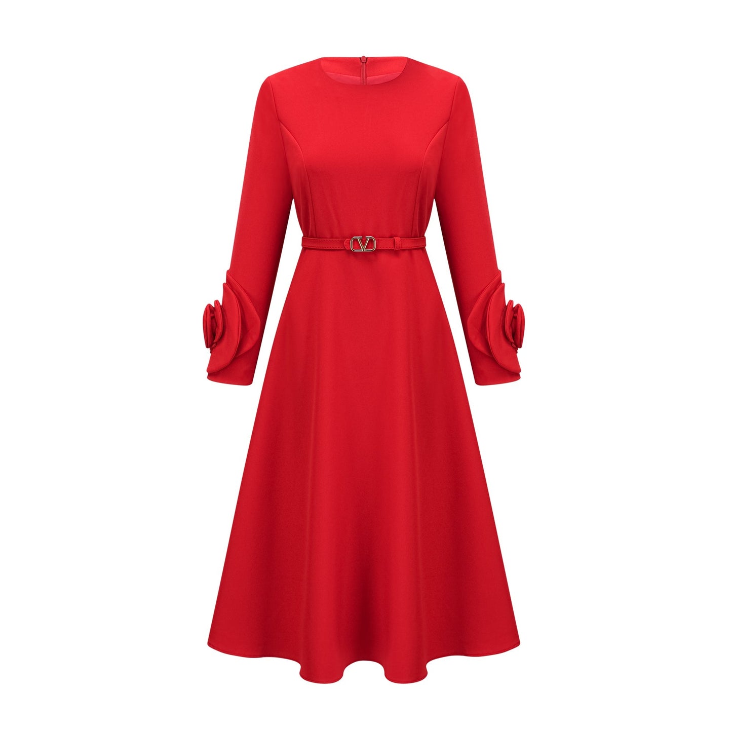 Elysia floral-embellished red long-sleeve dress