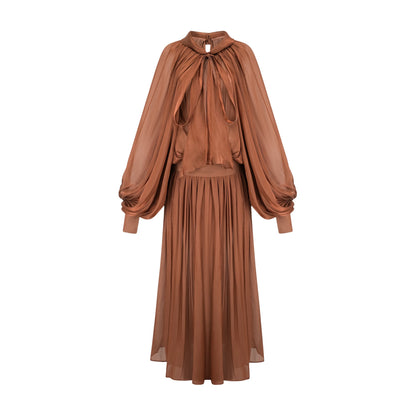 Mila pleated satin maxi dress in Brown