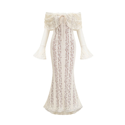 Émeline floral lace flared-cuff maxi dress in Neutrals