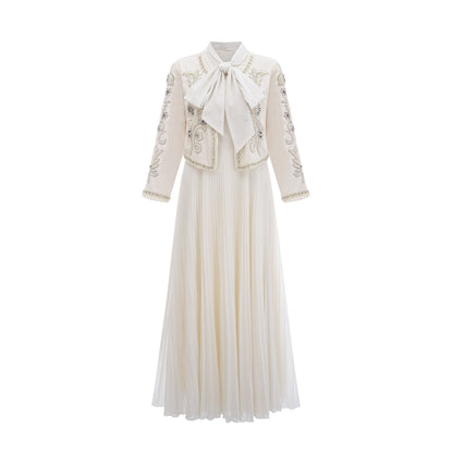 Blanche white embellished pleated jacket & dress matching set