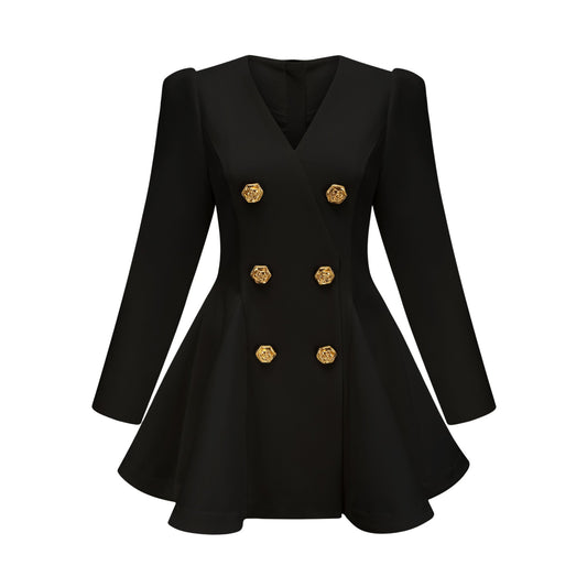 Élise pleated peplum-hem blazer dress in Black