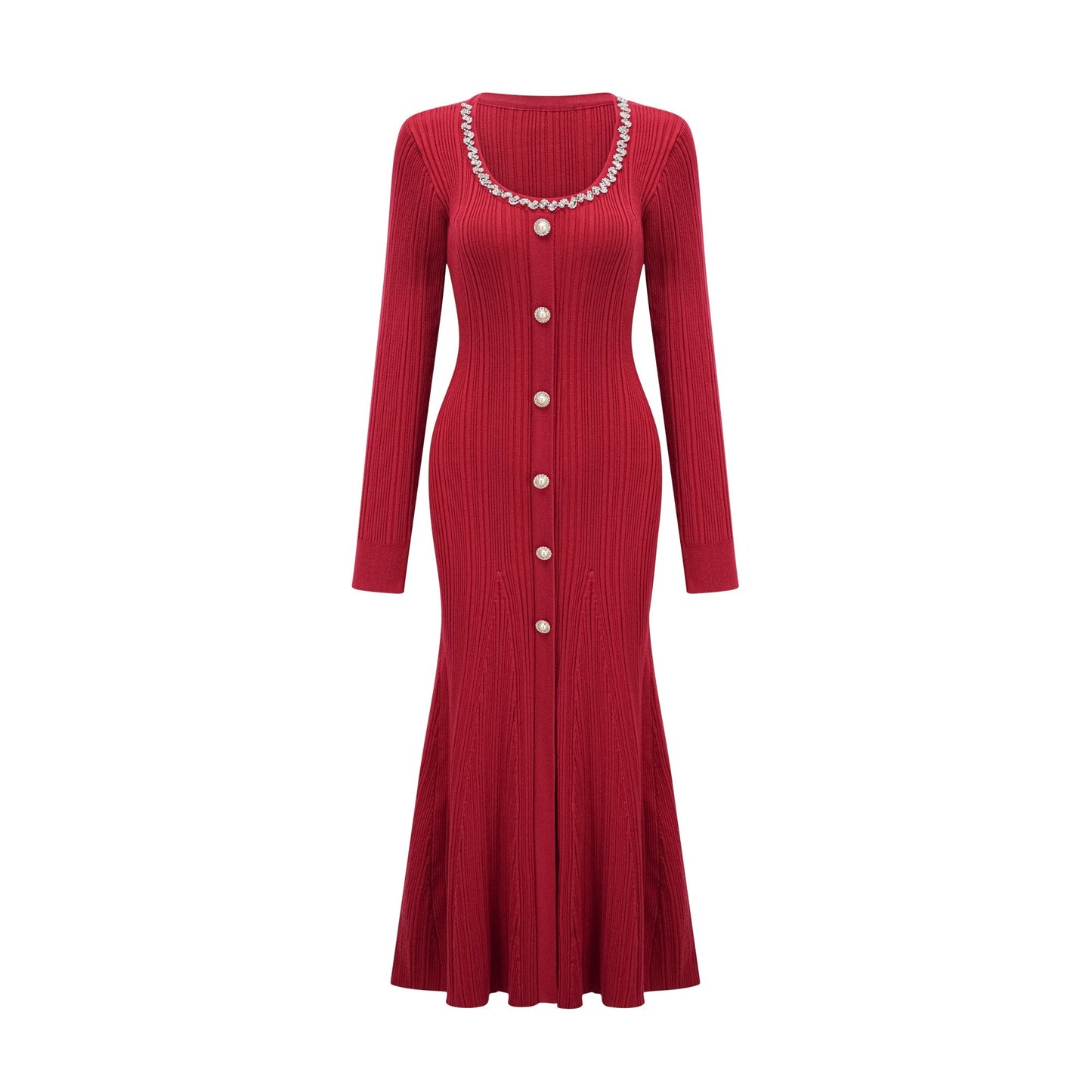 Anaxarete red embellished knitted midi dress