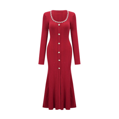 Anaxarete red embellished knitted midi dress
