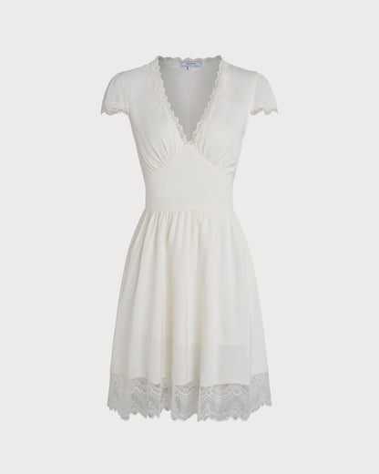 Apricot V Neck Lace Splicing Mini Dress