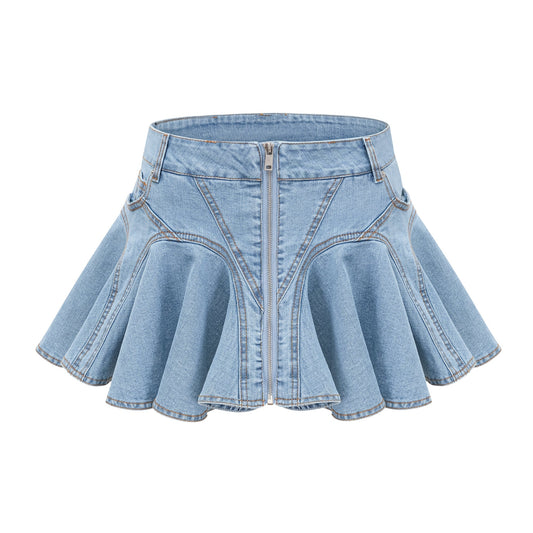 Capucine denim flounce-hem skirt