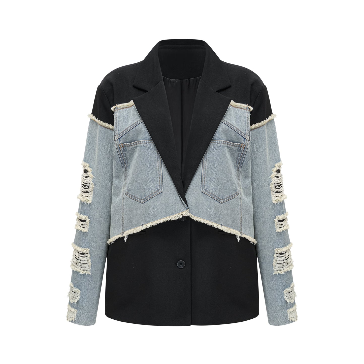 Halley black denim-panel ripped blazer
