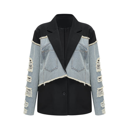 Halley black denim-panel ripped blazer