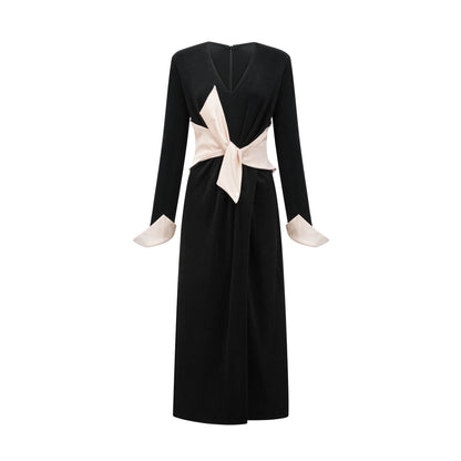 Karine contrast-color bowknot v-neck maxi dress