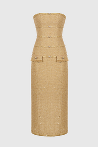 Elborno Gold Embellished Strapless Midi Dress