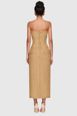 Elborno Gold Embellished Strapless Midi Dress