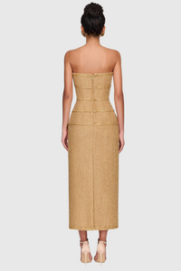 Elborno Gold Embellished Strapless Midi Dress