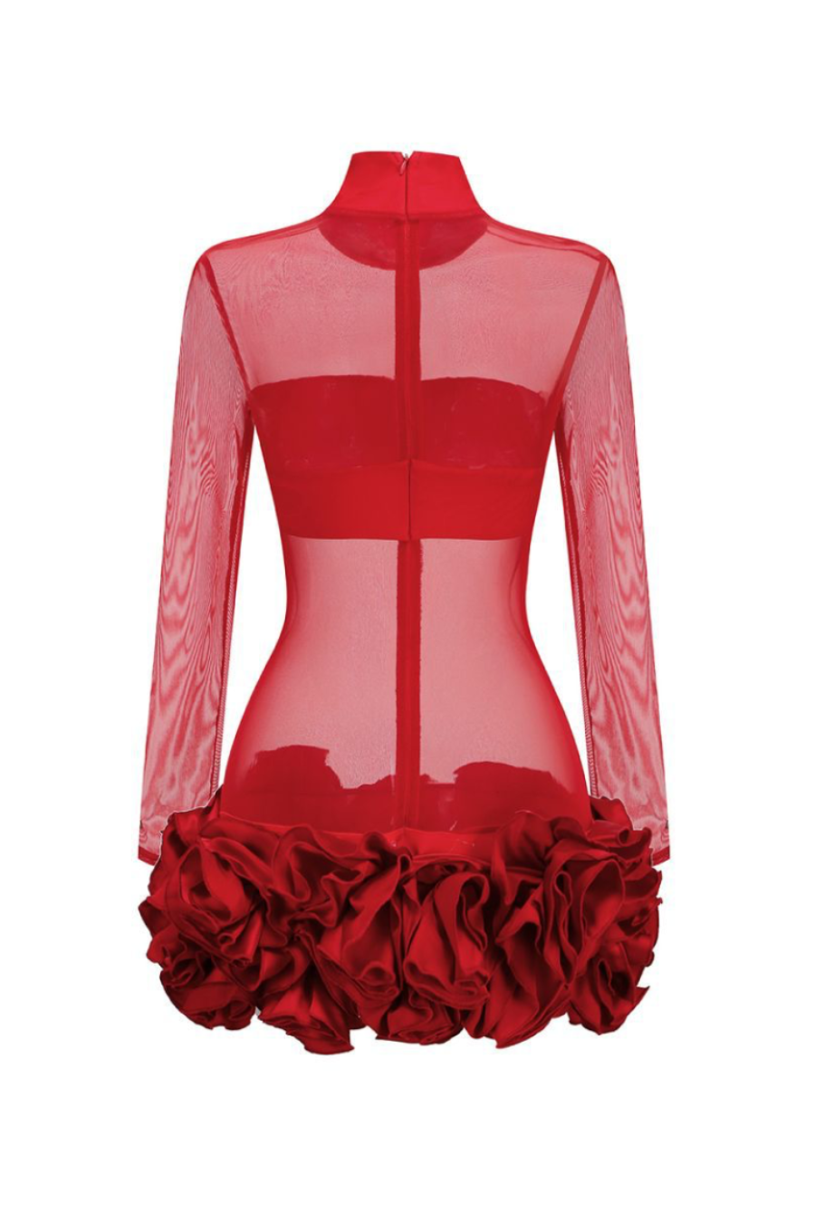 Fionna Floral Mesh Long Sleeve Mini Dress - Red