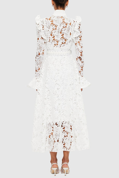 Freya Ruffle Lace-embroidered Belted Midi Dress - White