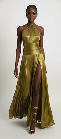 Gold Halter Backless Pleated Maxi Gown