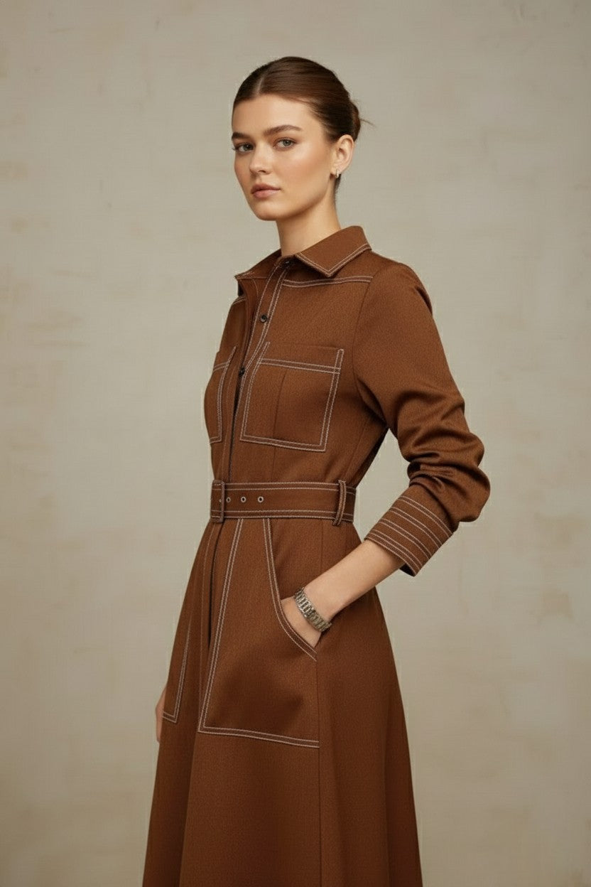 Elowen Belted Brown Shirt Maxi Dress