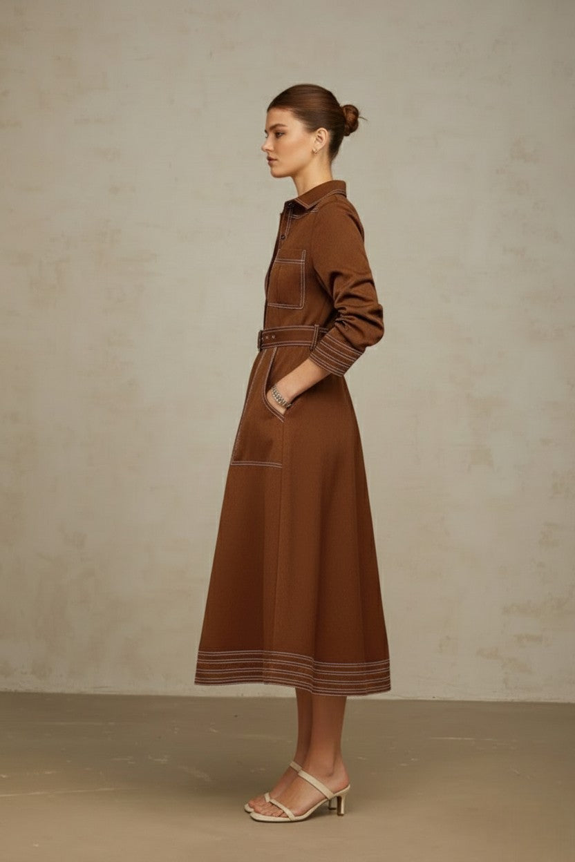 Elowen Belted Brown Shirt Maxi Dress