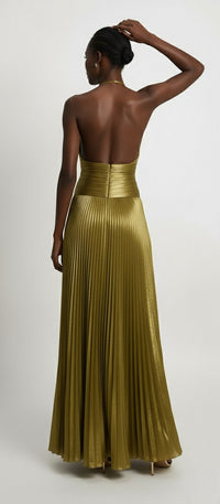 Gold Halter Backless Pleated Maxi Gown