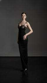 Aurelia Lace-Trim Backless Maxi Dress – Black