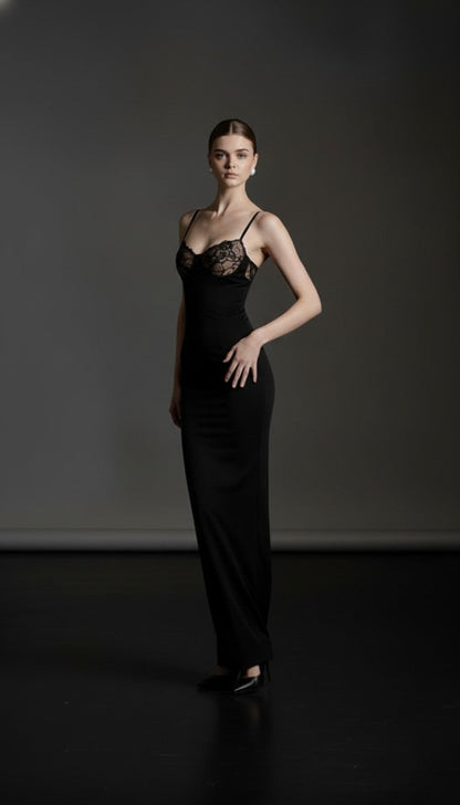 Aurelia Lace-Trim Backless Maxi Dress – Black