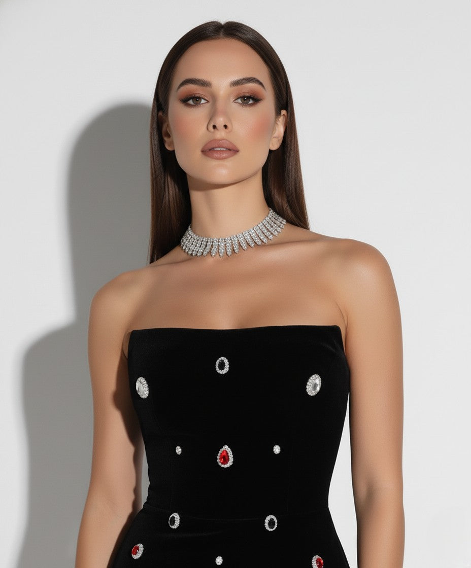 Camila Noir Crystal-Studded Strapless Mini Dress