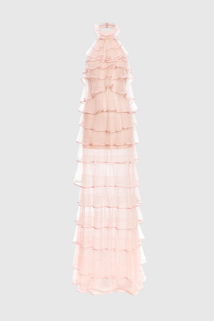 Haidar Halter Floral Ruffle Layer Maxi Dress