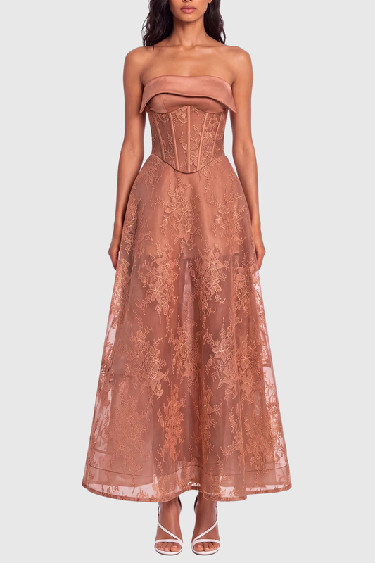 Haldsa Strapless Lace Corset Maxi Dress - Brown