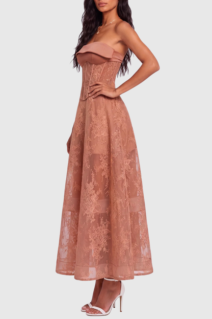 Haldsa Strapless Lace Corset Maxi Dress - Brown