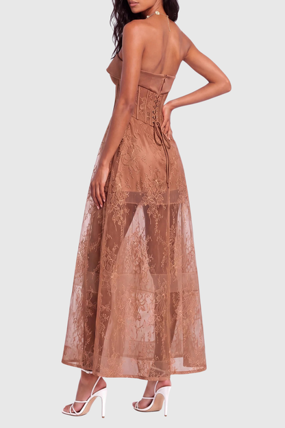 Haldsa Strapless Lace Corset Maxi Dress - Brown
