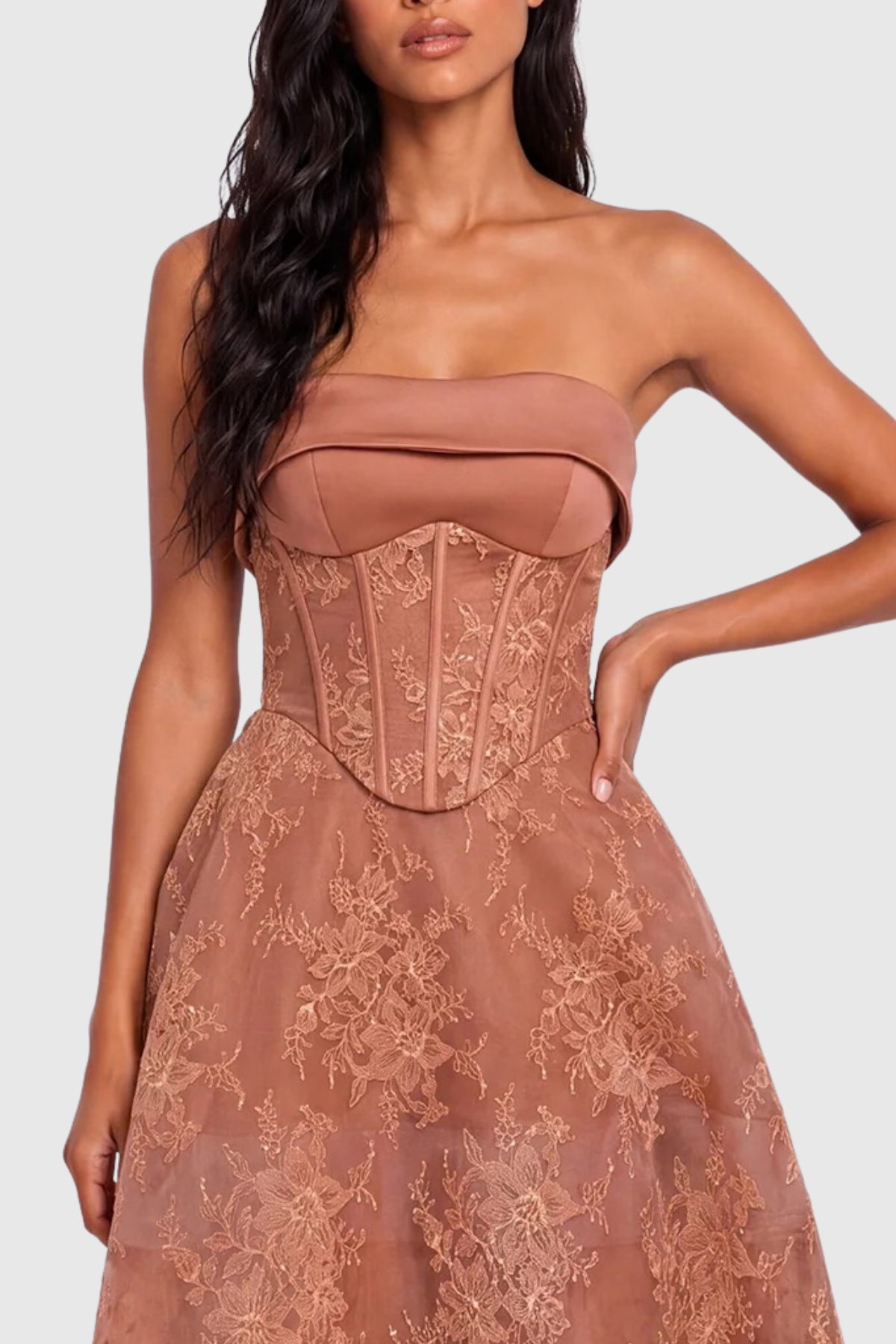 Haldsa Strapless Lace Corset Maxi Dress - Brown