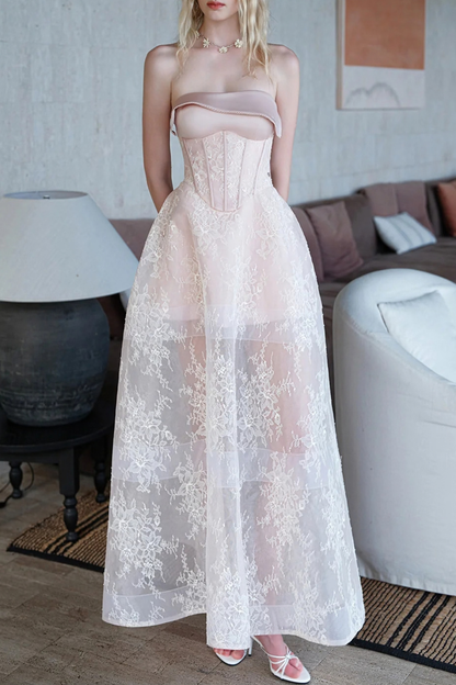 Haldsa Strapless Lace Corset Maxi Dress - White