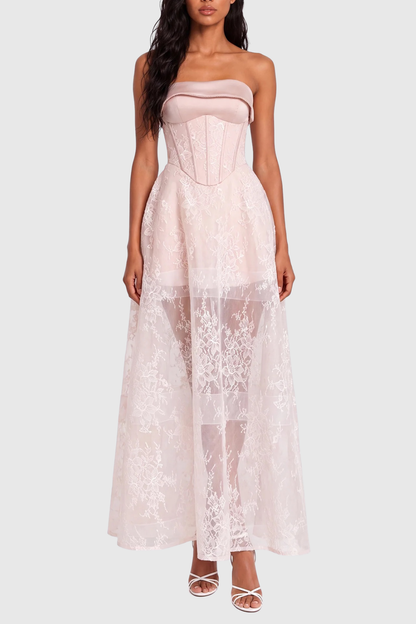 Haldsa Strapless Lace Corset Maxi Dress - White