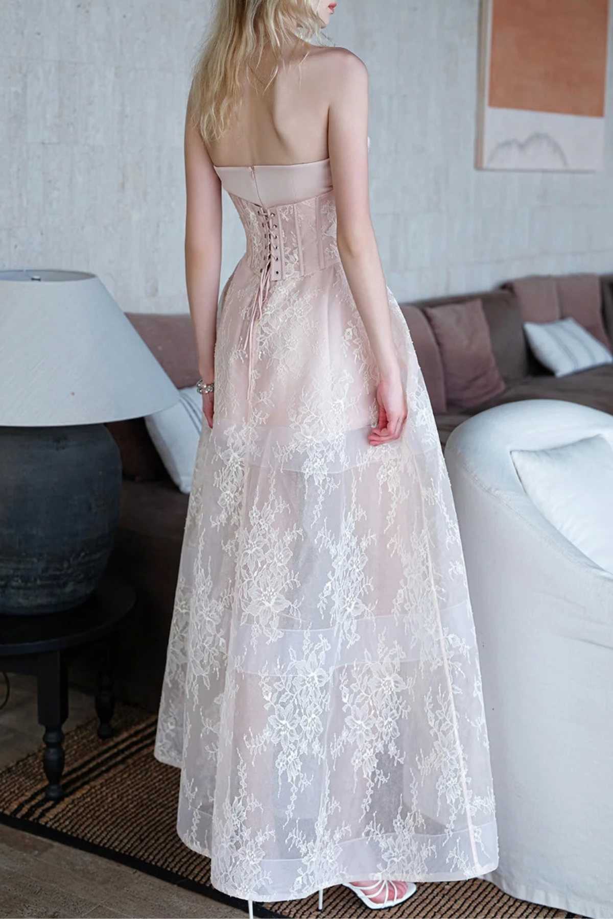 Haldsa Strapless Lace Corset Maxi Dress - White