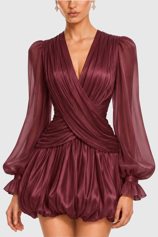 Havame Ruched Bubble Mini Dress - Wine
