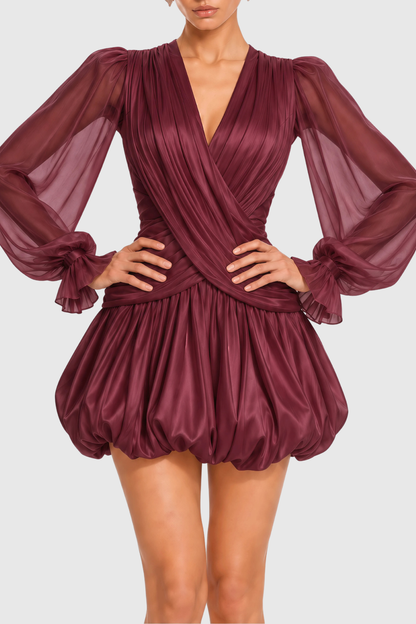 Havame Ruched Bubble Mini Dress - Wine