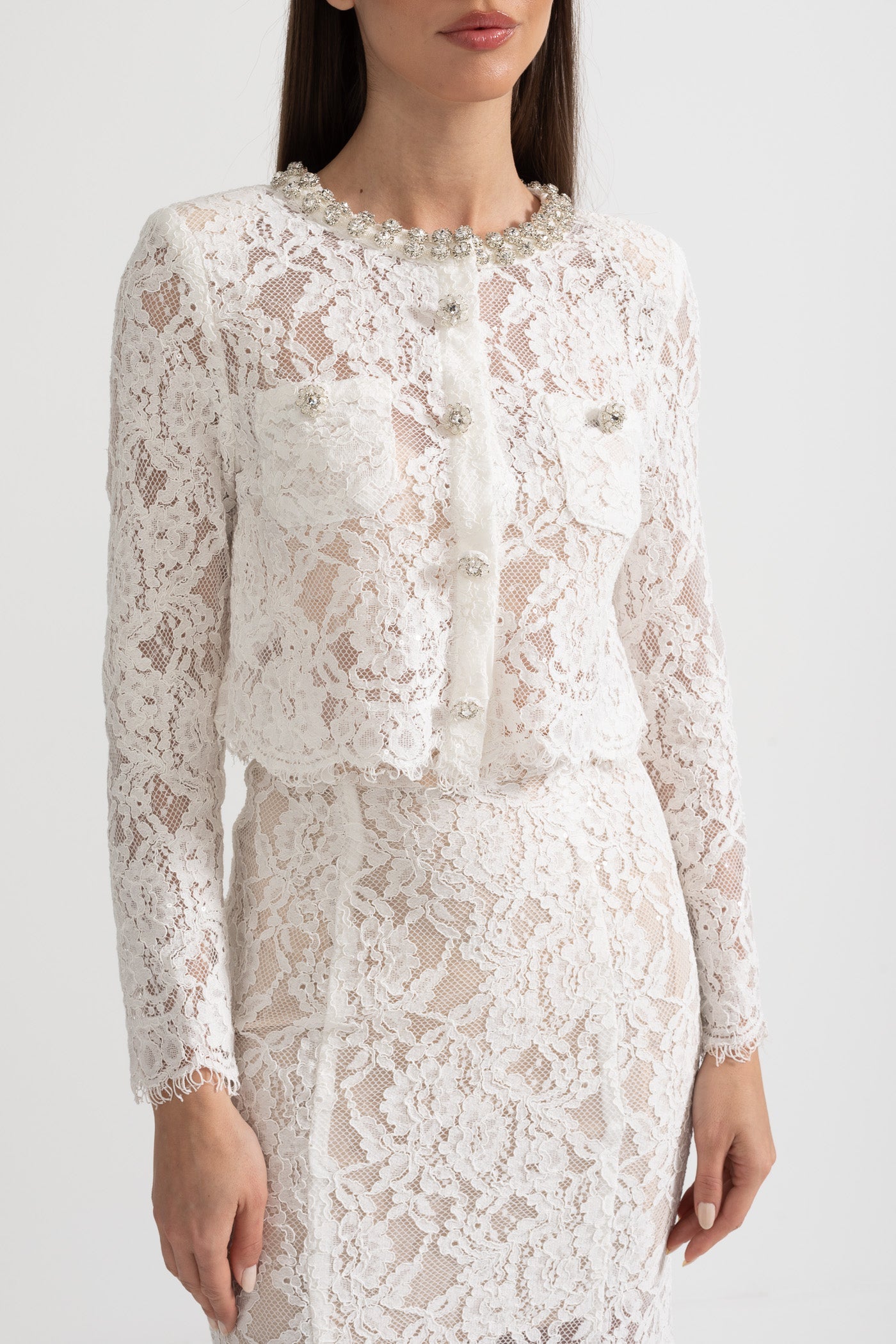 Sparkling Neckline Embellishments And Midi Skirt