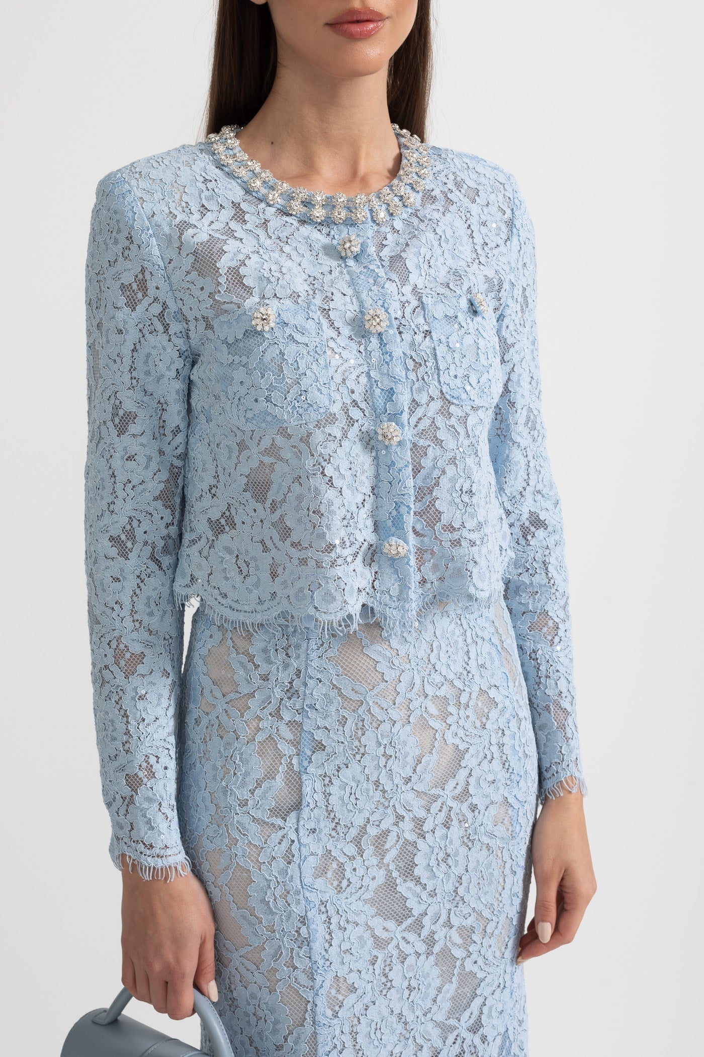 Sparkling Neckline Embellishments And Midi Skirt