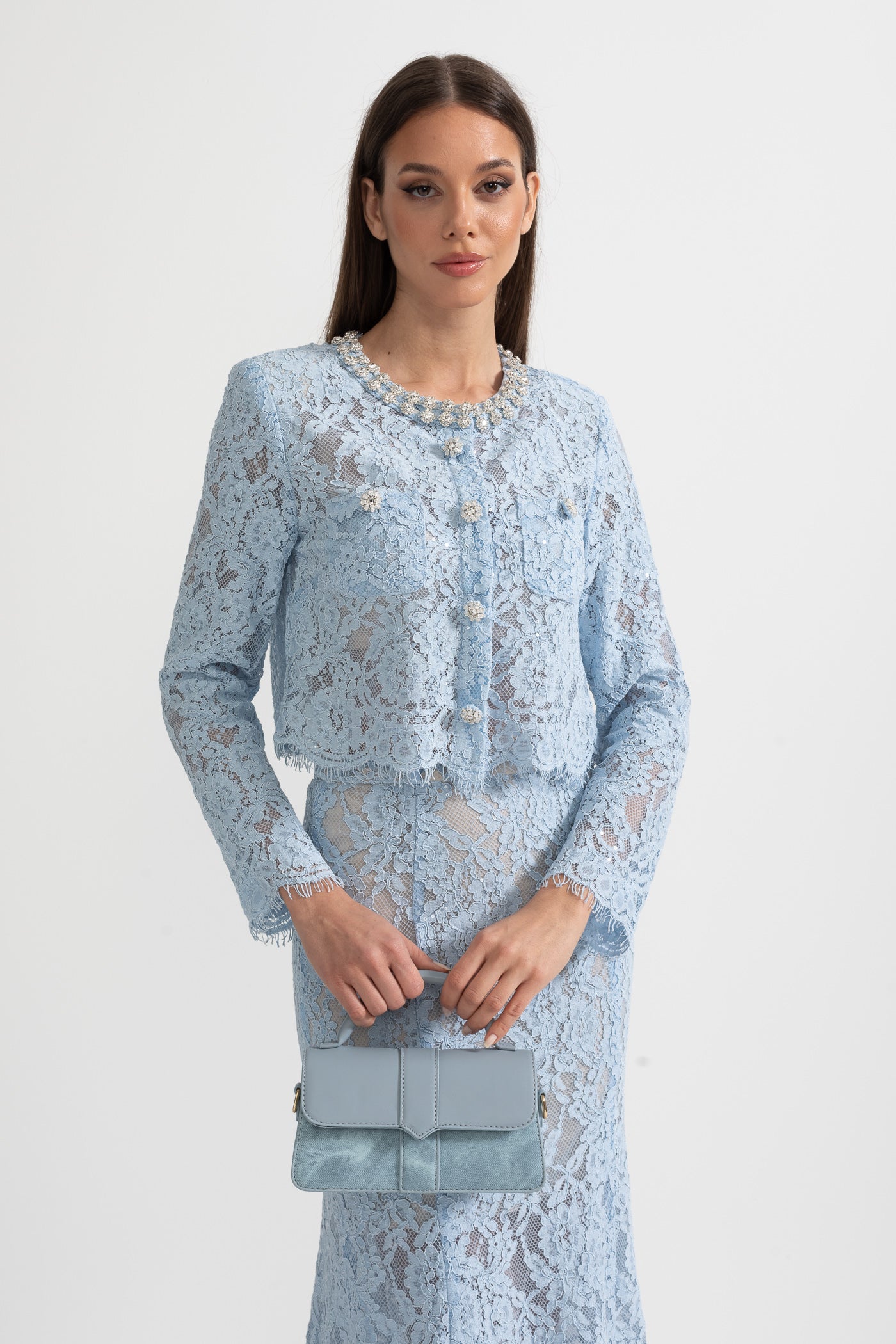 Sparkling Neckline Embellishments And Midi Skirt