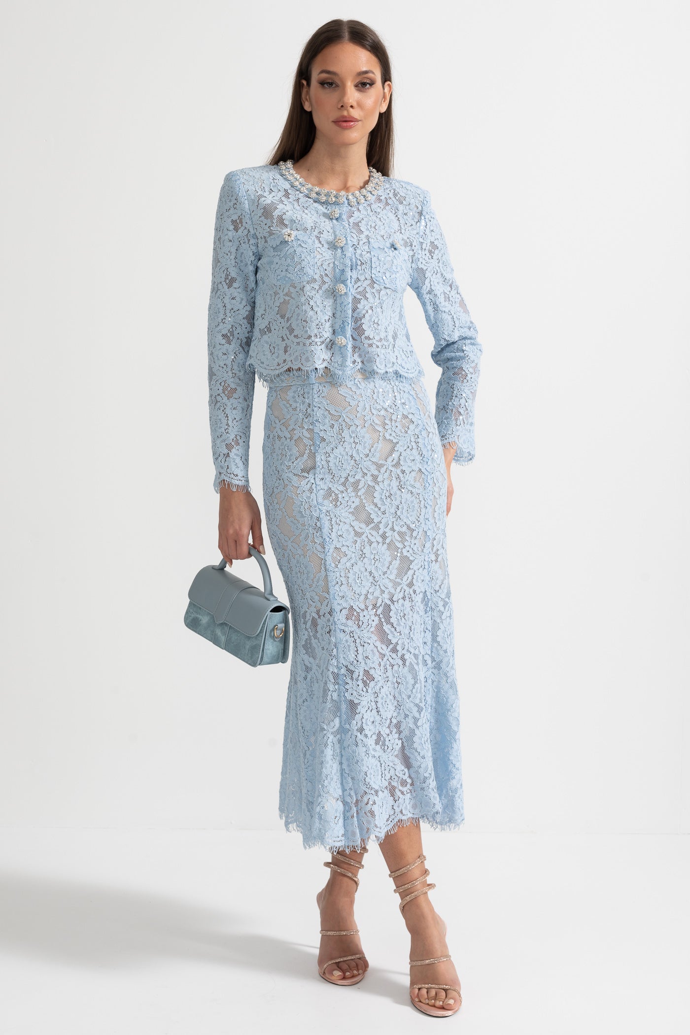 Sparkling Neckline Embellishments And Midi Skirt