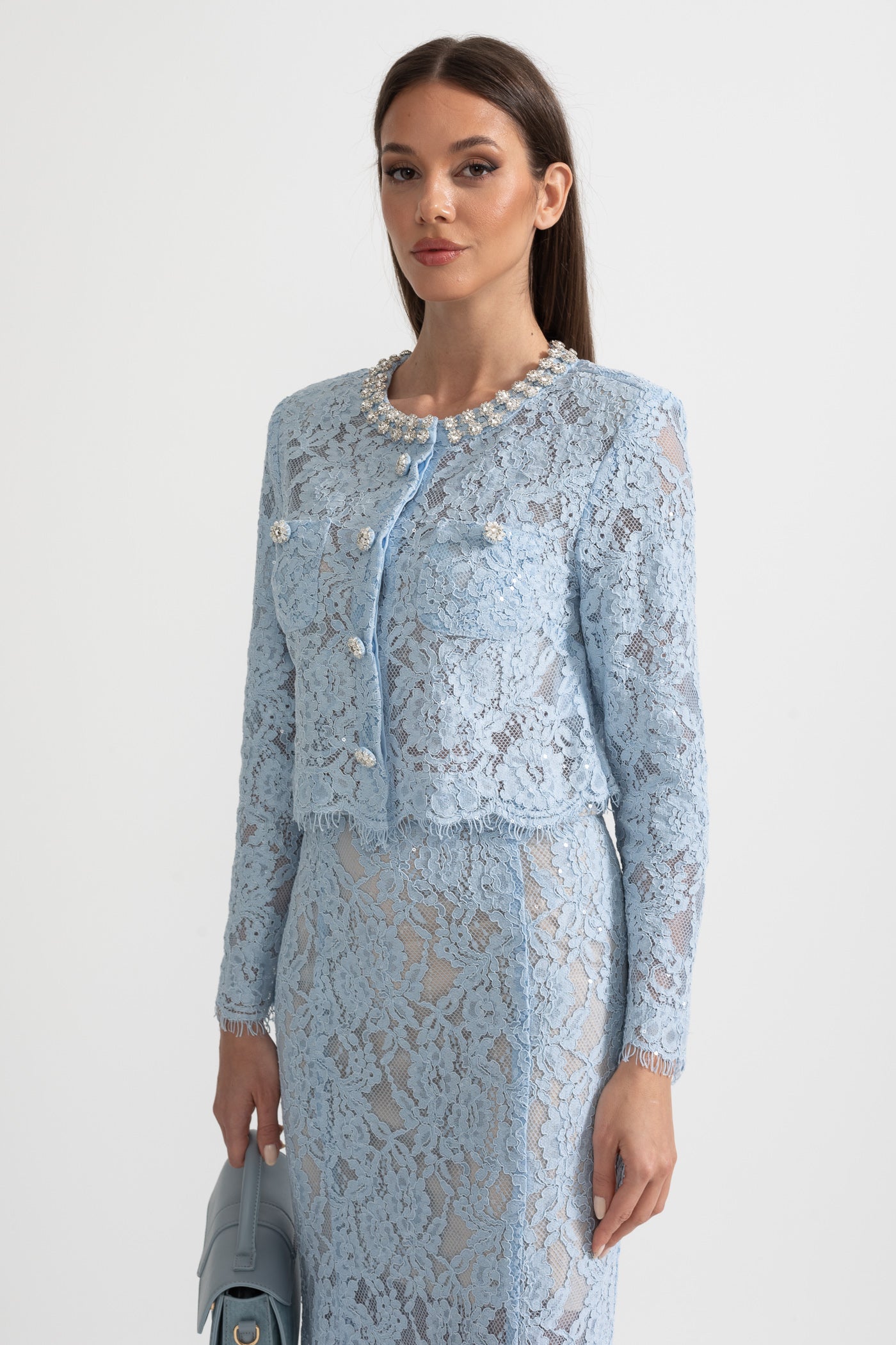 Sparkling Neckline Embellishments And Midi Skirt