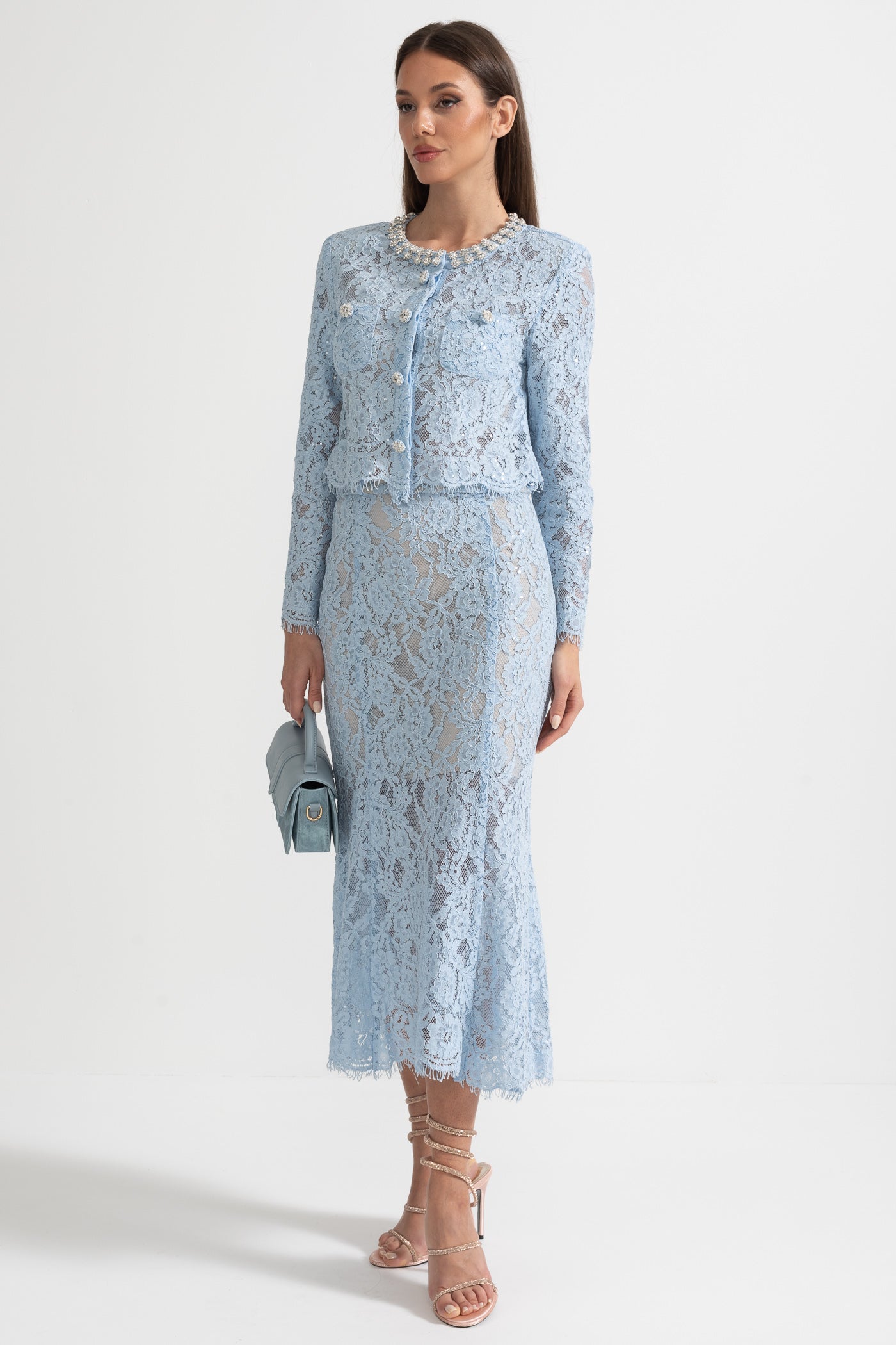 Sparkling Neckline Embellishments And Midi Skirt