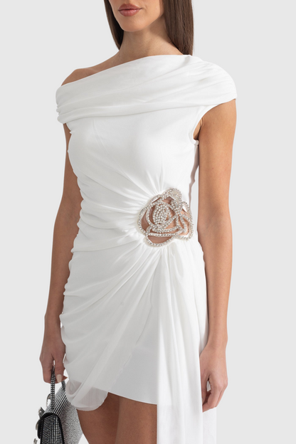 Janett One Shoulder Floral Embellished Mini Dress - White
