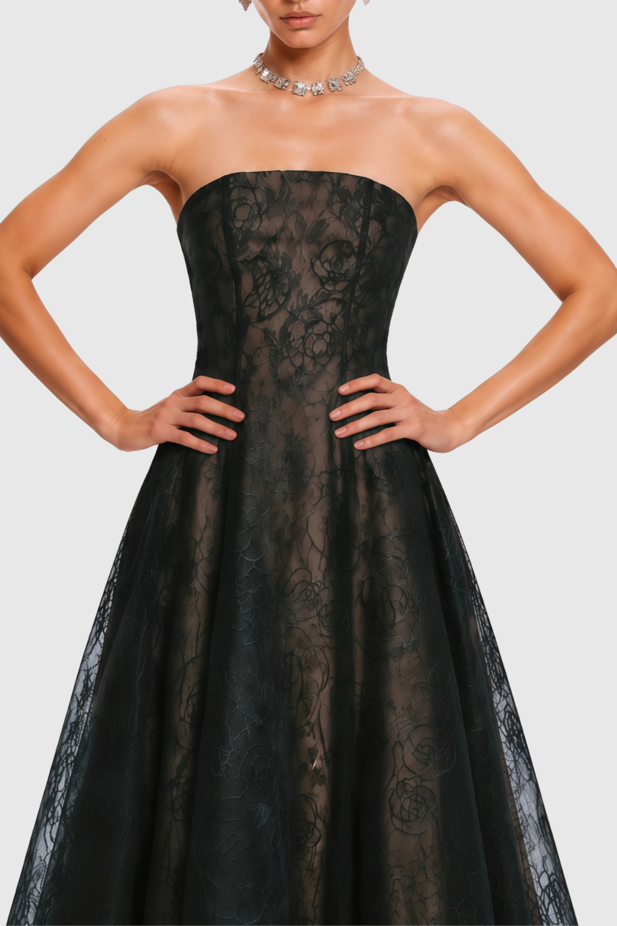 Jokeda Strapless Floral Embroidery Maxi Dress - Black