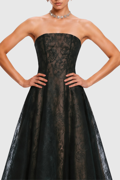 Jokeda Strapless Floral Embroidery Maxi Dress - Black