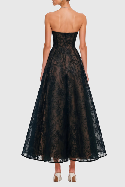 Jokeda Strapless Floral Embroidery Maxi Dress - Black