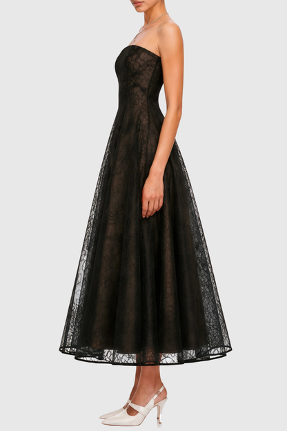 Jokeda Strapless Floral Embroidery Maxi Dress - Black