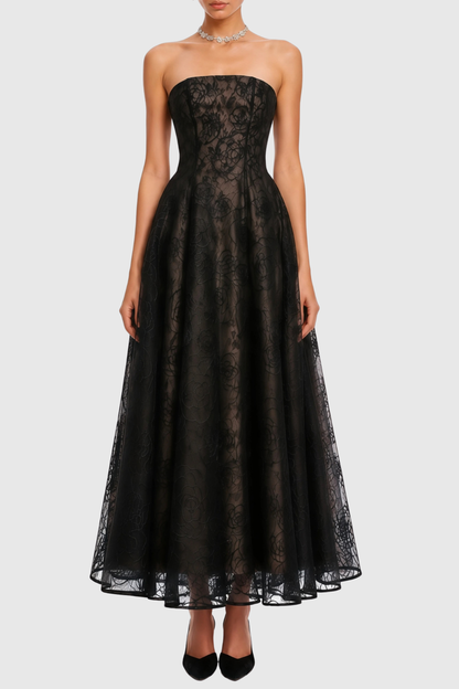 Jokeda Strapless Floral Embroidery Maxi Dress - Black