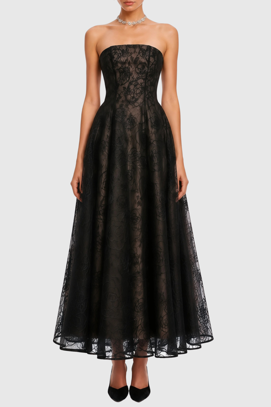 Jokeda Strapless Floral Embroidery Maxi Dress - Black