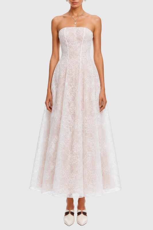 Jokeda Strapless Floral Embroidery Maxi Dress - White