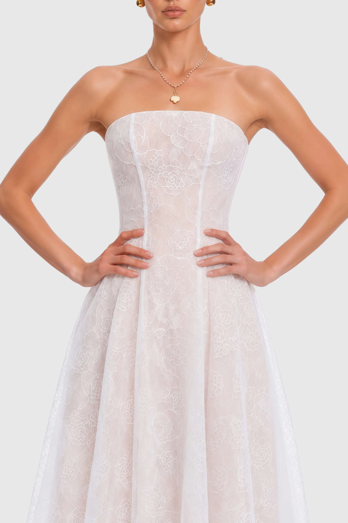 Jokeda Strapless Floral Embroidery Maxi Dress - White